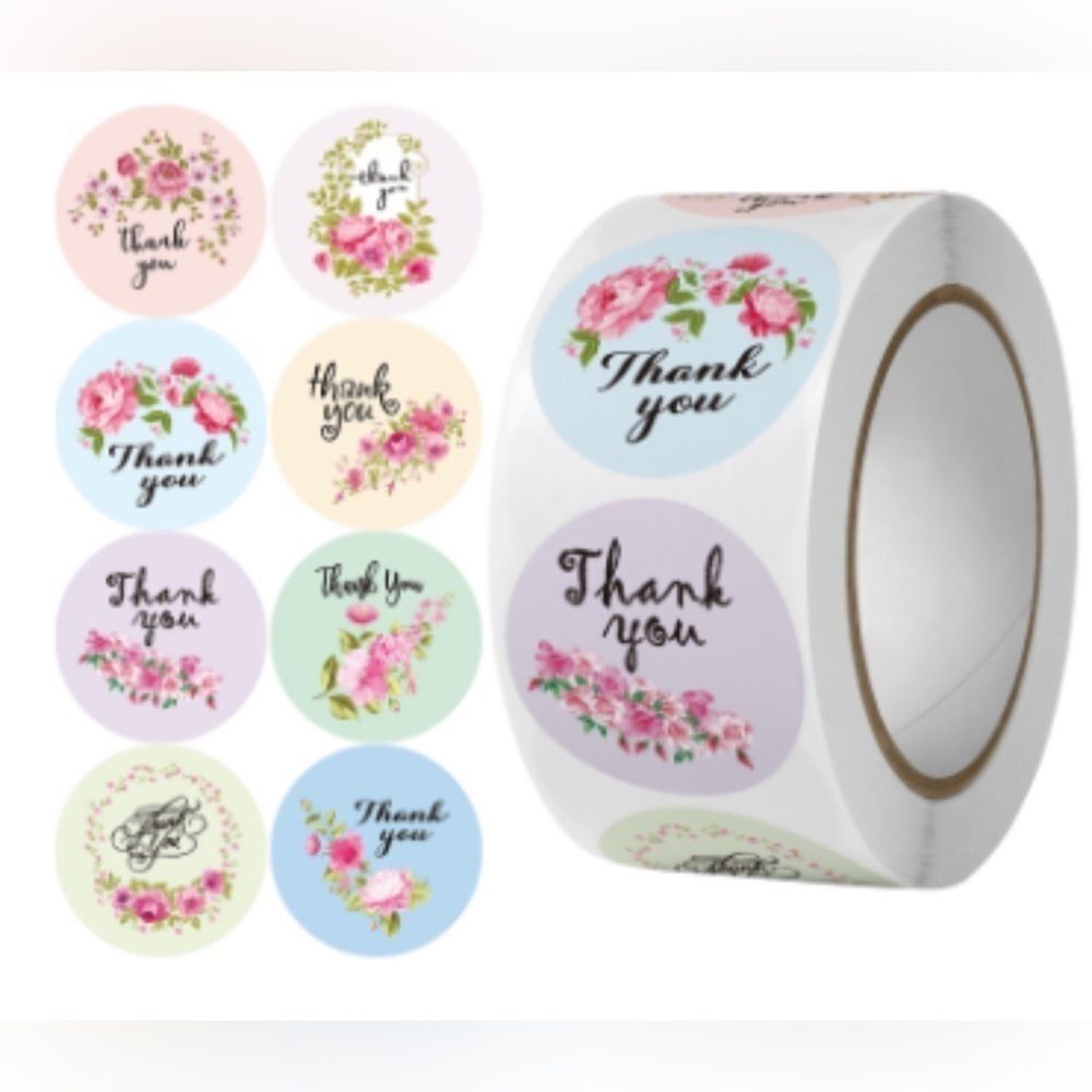 500 Thank You Stickers,1" Round Frames Thank You Stickers Roll 8 Floral Designs - Picture 2 of 2